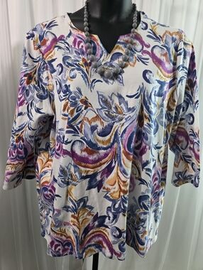 ALFRED DUNNER Floral Brushstroke Print Tunic Top Size:2X White  Purple & Blue